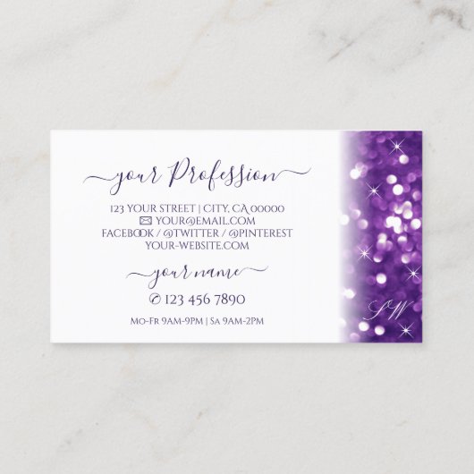 Stilvoll weißer Lila Glitzer Monogram Visitenkarte (Rückseite)