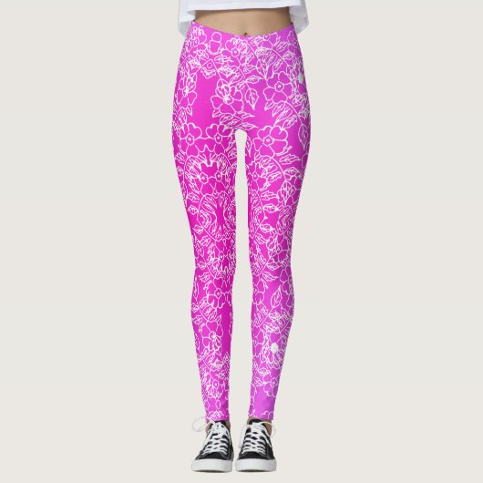 Stilvoll weißes Blumenmuster auf Rosa Leggings (Vorderseite)