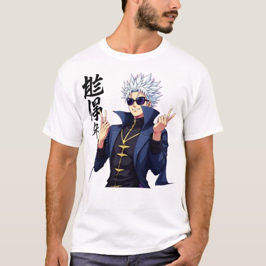 Stilvoll weißhaariger Anime-Charakter mit Sunglass T-Shirt (Vorderseite)