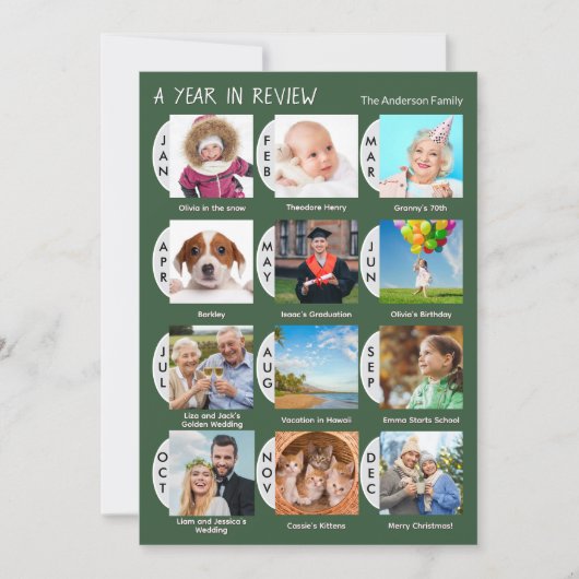 Stilvolle 12-Foto-Kollektion Dunkelgrün Feiertagskarte (Vorderseite)