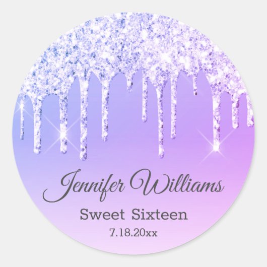 stilvolle 16 . Geburtstag lila TropfGlitzer Runder Aufkleber (Vorderseite)