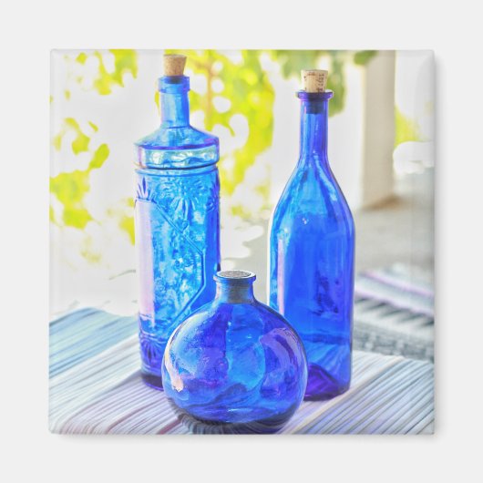 Stilvolle 3 blaue Glasflaschen Magnet (Vorne)