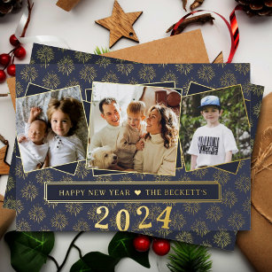 Stilvolle 3 Foto Collage Happy New Year! real Folien Feiertagskarte
