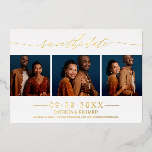 Stilvolle 3 Fotos Hochzeit speichern das Datum Folieneinladung (Vorderseite)