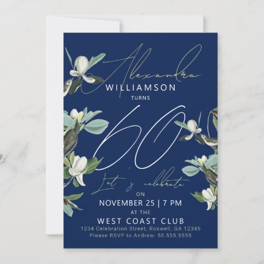 Stilvolle 60 moderne Script Blue Floral Einladung (Vorderseite)