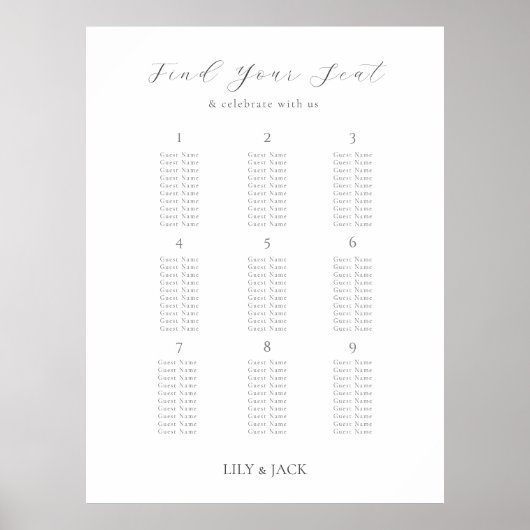 Stilvolle 9 Table Wedding Poster Seating Chart (Vorne)