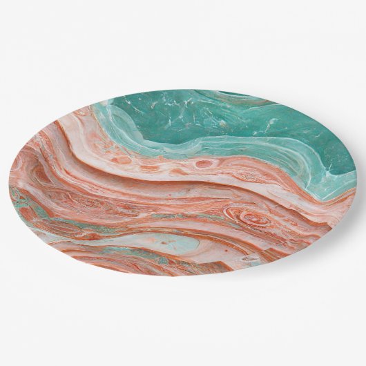 Stilvolle Abstrakte Koralle und Aquamarin Pappteller (Schrägansicht)