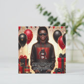 Stilvolle Afroamerikaner Junge Schwarz/Rot Geburts Karte (Stehend Vorderseite)