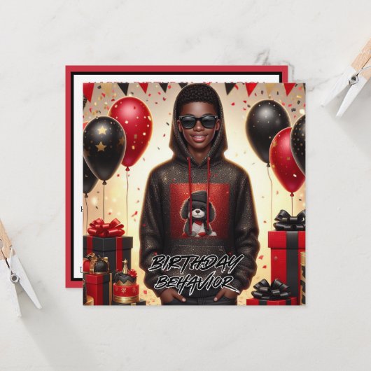 Stilvolle Afroamerikaner Junge Schwarz/Rot Geburts Karte (Vorderseite/Rückseite Beispiel)