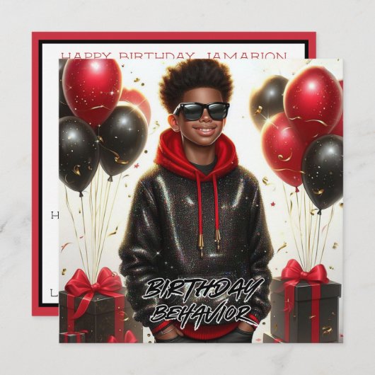 Stilvolle Afroamerikaner Junge Schwarz/Rot Geburts Karte (Vorne/Hinten)