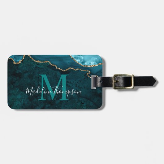 Stilvolle Agate Geode Aquamarin Green Monogram Gepäckanhänger (Vorderseite horizontal)