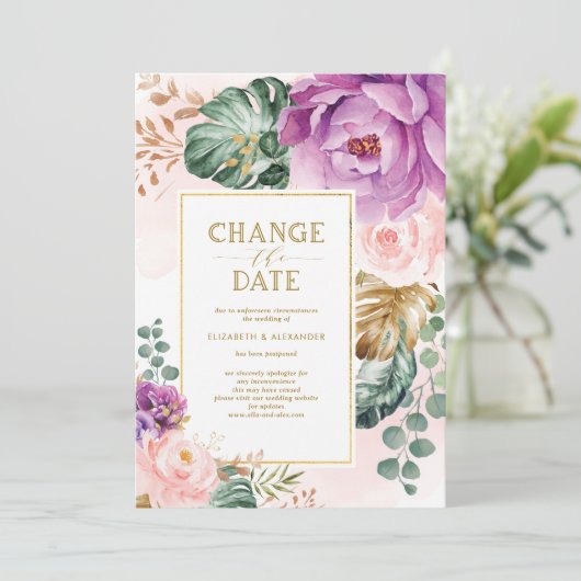 Stilvolle Änderung des Datums Hochzeit Neuer Plan  Einladung (Stehend Vorderseite)