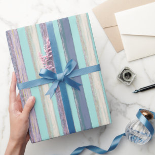 Stilvolle Aqua Blue Lila Beach Hut Stripe Muster Geschenkpapier