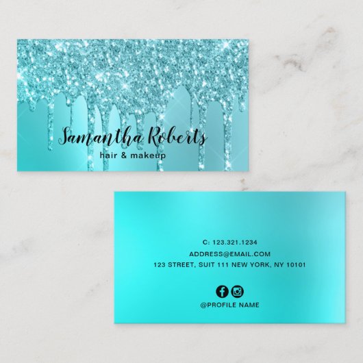 Stilvolle Aqua Blue Mint Glitzer Tropfen Haar & Ma Visitenkarte (Vorne/Hinten)