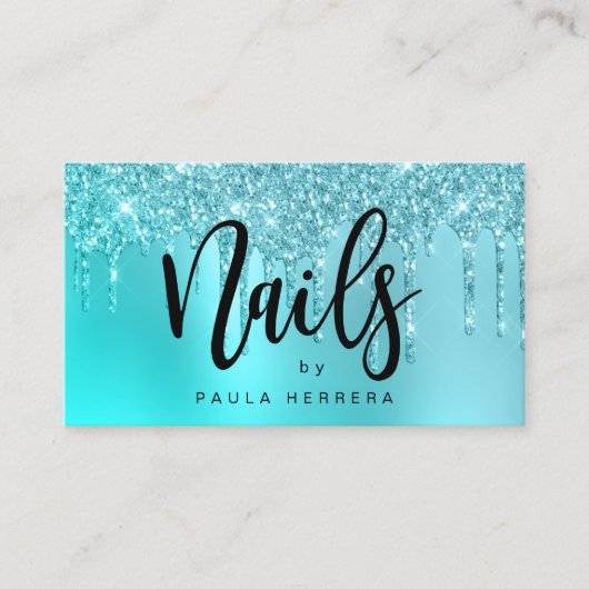 Stilvolle Aqua Blue Mint Glitzer Tropfen Nägel Visitenkarte (Vorderseite)