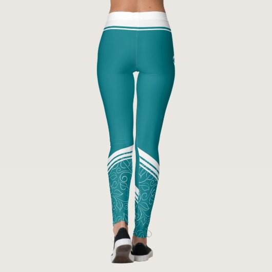 Stilvolle, aquamarin blaue, blumenweiße Streifen u Leggings (Rückseite)