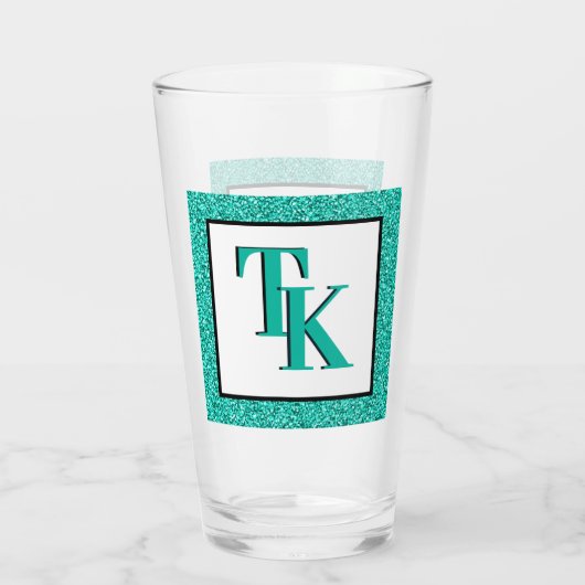 Stilvolle Aquamarin Blue Glitzer Glam Monogram Ini Glas (Rückseite)