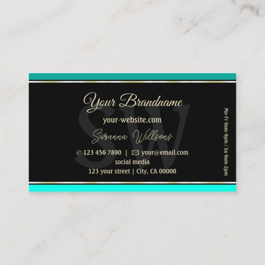 Stilvolle Aquamarine Borders on Black Modern mit M Visitenkarte (Rückseite)
