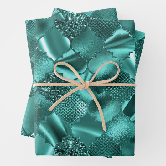 Stilvolle Aquamarine Glitzer Diamant Foil Muster Geschenkpapier Set (Beispiel)