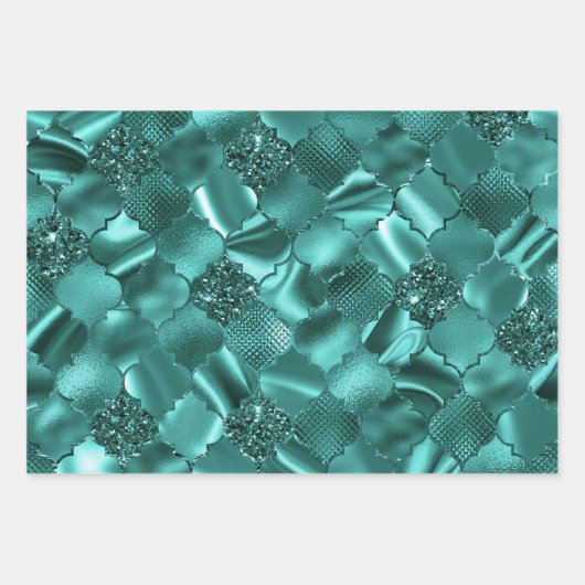 Stilvolle Aquamarine Glitzer Diamant Foil Muster Geschenkpapier Set (Vorderseite)