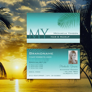 Stilvolle Aquamarine Gradient Palm Leaf Monogram u Visitenkarte