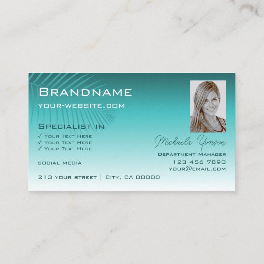 Stilvolle Aquamarine Gradient Palm Leaf Monogram u Visitenkarte (Rückseite)