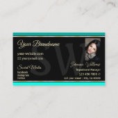 Stilvolle Aquamarine Grenzen auf Black Monogram un Visitenkarte (Rückseite)