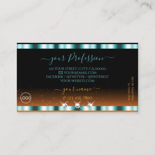 Stilvolle Aquamarine Orange Black Sparkle Juwelen Visitenkarte (Rückseite)