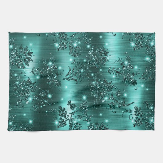 Stilvolle Aquamarine Shimmer Glitzer und Foil Flor Geschirrtuch (Horizontal)