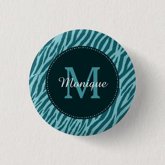 Stilvolle Aquamarine Zebra-Print mit Monogramm und Button (Vorderseite)