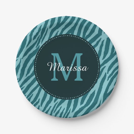 Stilvolle Aquamarine Zebra-Print mit Monogramm und Pappteller (Vorderseite)