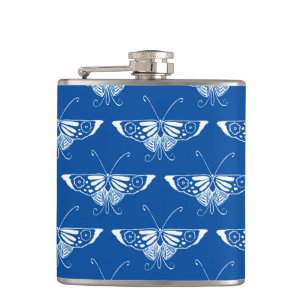 Stilvolle Art-Deco-Schmetterlinge, Kobalt blau und Flachmann