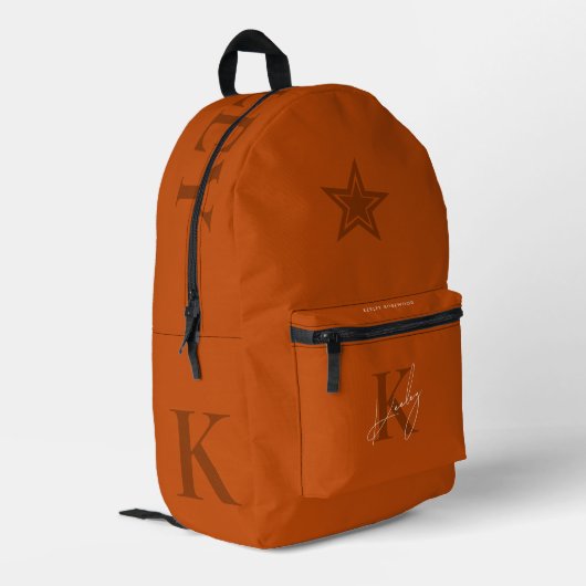 Stilvolle Back to School Orange Monogram Star Bedruckter Rucksack (Rückseitige Ecke links)
