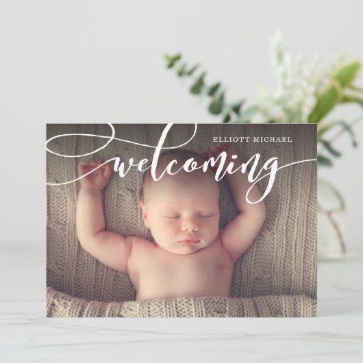 Stilvolle Begrüßung von Script-Foto Geburtserkläru Ankündigung (Stehend Vorderseite)