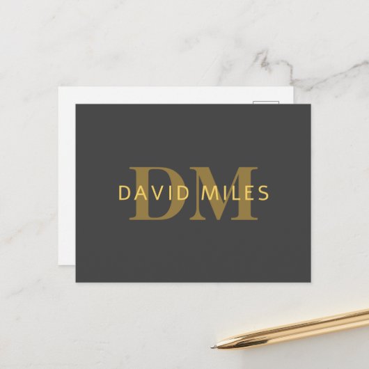 Stilvolle Bezeichnung & Monogramm | Gold & Dunkelg Postkarte (Vorderseite/Rückseite Beispiel)