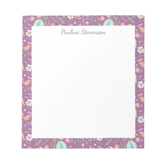 Stilvolle Birds Blume Mauve Muster Personalisiert Notizblock (Vorderseite)