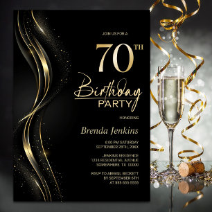 Stilvolle Black and Gold 70. Geburtstagsparty Einladung