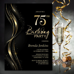 Stilvolle Black and Gold 75. Geburtstagsparty Einladung