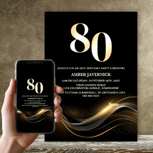 Stilvolle Black and Gold 80. Geburtstagsparty Einladung