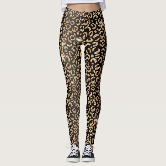 Stilvolle Black and Gold Glitzer Wild Leopard Spot Leggings (Vorderseite)