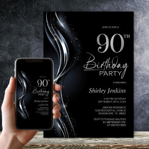 Stilvolle Black and Silver 90. Geburtstagsparty Einladung