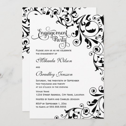Stilvolle Black and White Wirbel Engagement Party Einladung (Vorne/Hinten)