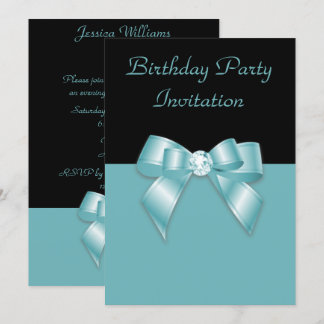 Stilvolle Black & Aquamarin Diamond Bow Geburtstag Einladung
