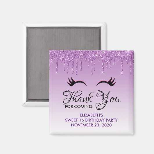 Stilvolle Black Eyelashes und Lila Glitzer Geburts Magnet (Vorderseite/Rückseite)