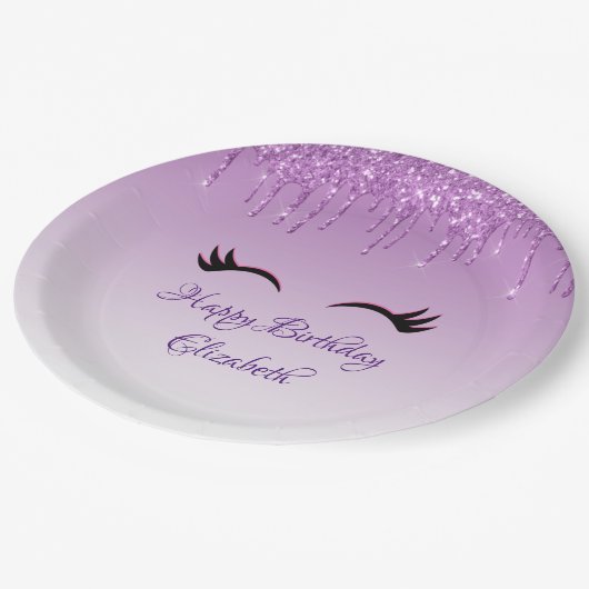 Stilvolle Black Eyelashes und Lila Glitzer Geburts Pappteller (Schrägansicht)