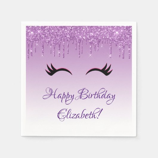 Stilvolle Black Eyelashes und Lila Glitzer Geburts Serviette (Vorderseite)