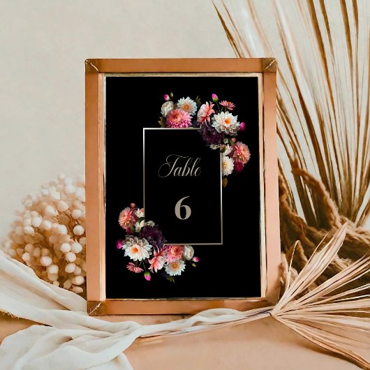 Stilvolle Black Floral Wedding Tischnummer
