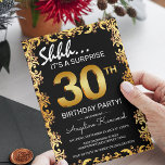 Stilvolle Black & Gold 30. Überraschung Geburtstag Einladung<br><div class="desc">Stilvolle Schwarz-Gold-Überraschungs-Geburtstagsfeier mit einer verzierten Goldgrenze,  großen Goldzahlen des Alters und einer leicht anpassbaren Geburtstagsvorlage.</div>