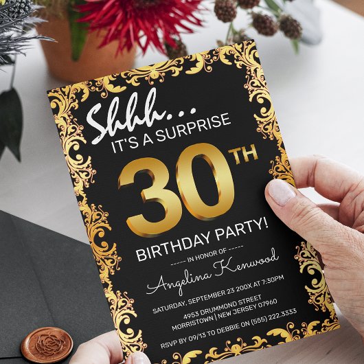 Stilvolle Black & Gold 30. Überraschung Geburtstag Einladung