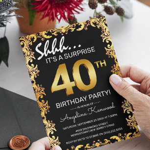 Stilvolle Black & Gold 40. Überraschung Geburtstag Einladung